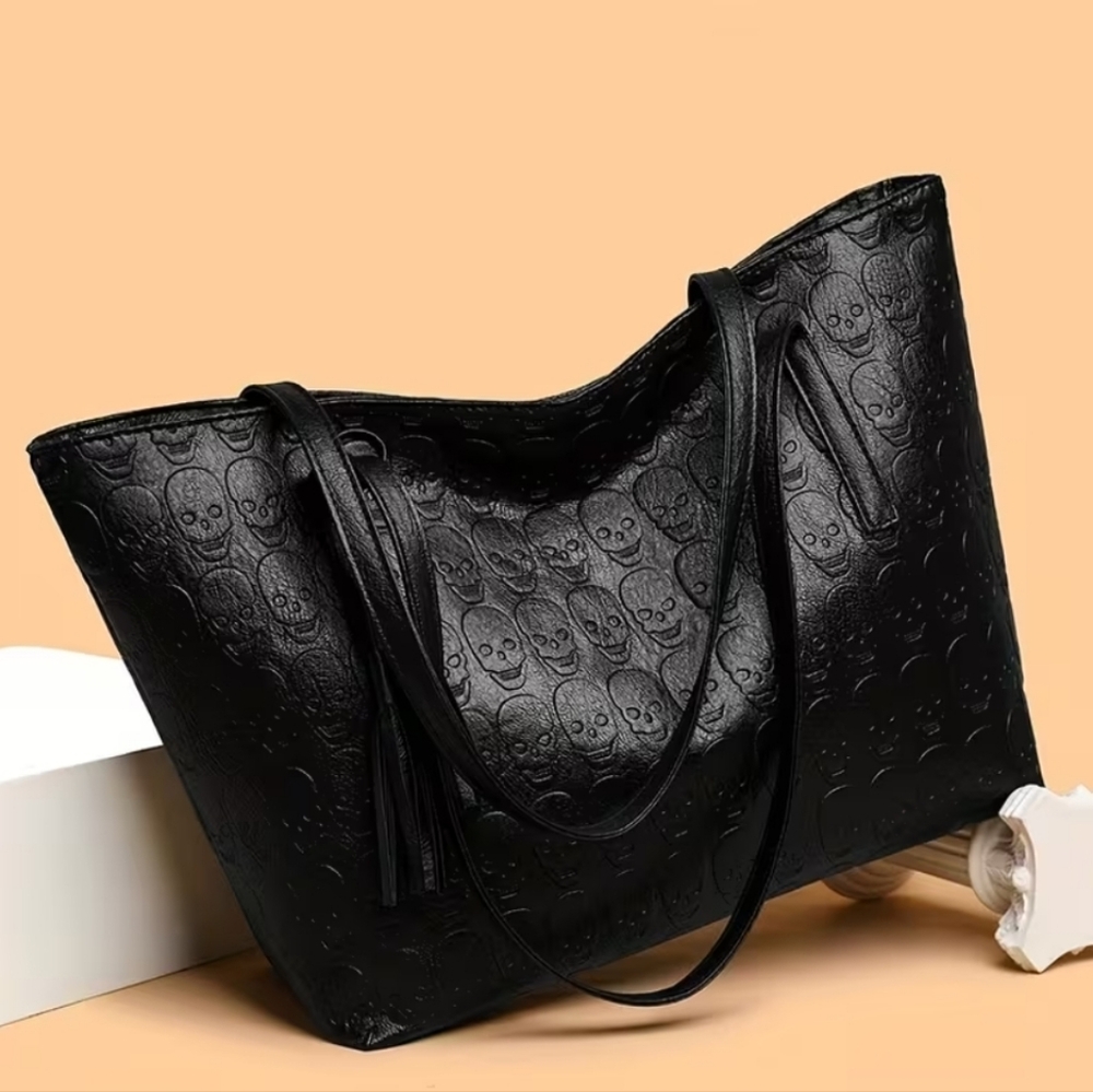 Women's PU Leather Skull Gothic Style Tasse Large Capacity Tote Shoulder Purse - Picture 7 of 10